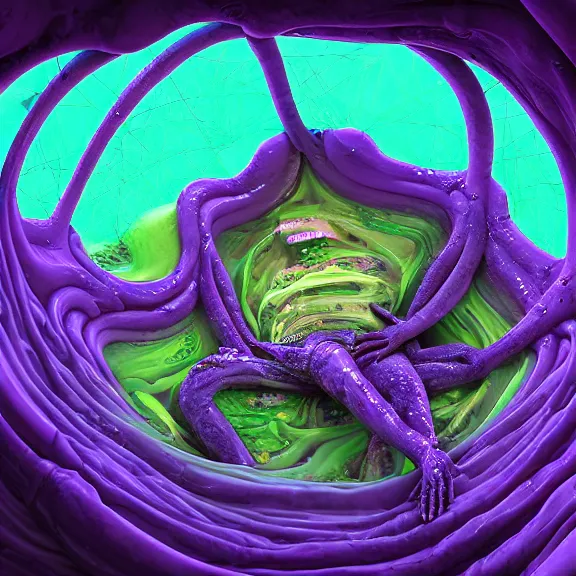 Prompt: detailed shot inside a goddess' cavernous synthetic stomach, the walls purple and pulsing, slimy and hot, lots of acid pooling up on the floor, digesting a bunch humans graphically, food pov, micro pov, vore, digital art, furry art, high quality, 8k 3D realistic, macro art, micro art, Furaffinity, Deviantart, Eka's Portal, G6