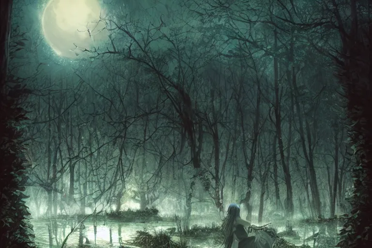 Image similar to goth woman in a moonlight view, in a forest, a river, tankoban, 4 k, tone mapping, akihiko yoshida, james jean andrei riabovitchev marc simonetti, yoshitaka amano, long hair, curly, h. hydrochaeri