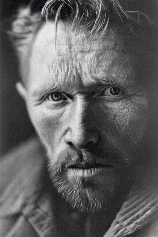 Prompt: a dark, monochrome, glass negative, silver gelatine realistic, supersharp, supersharp, realistic, photographic portrait of vincent van gogh, shallow depth of field, by steve mccurry
