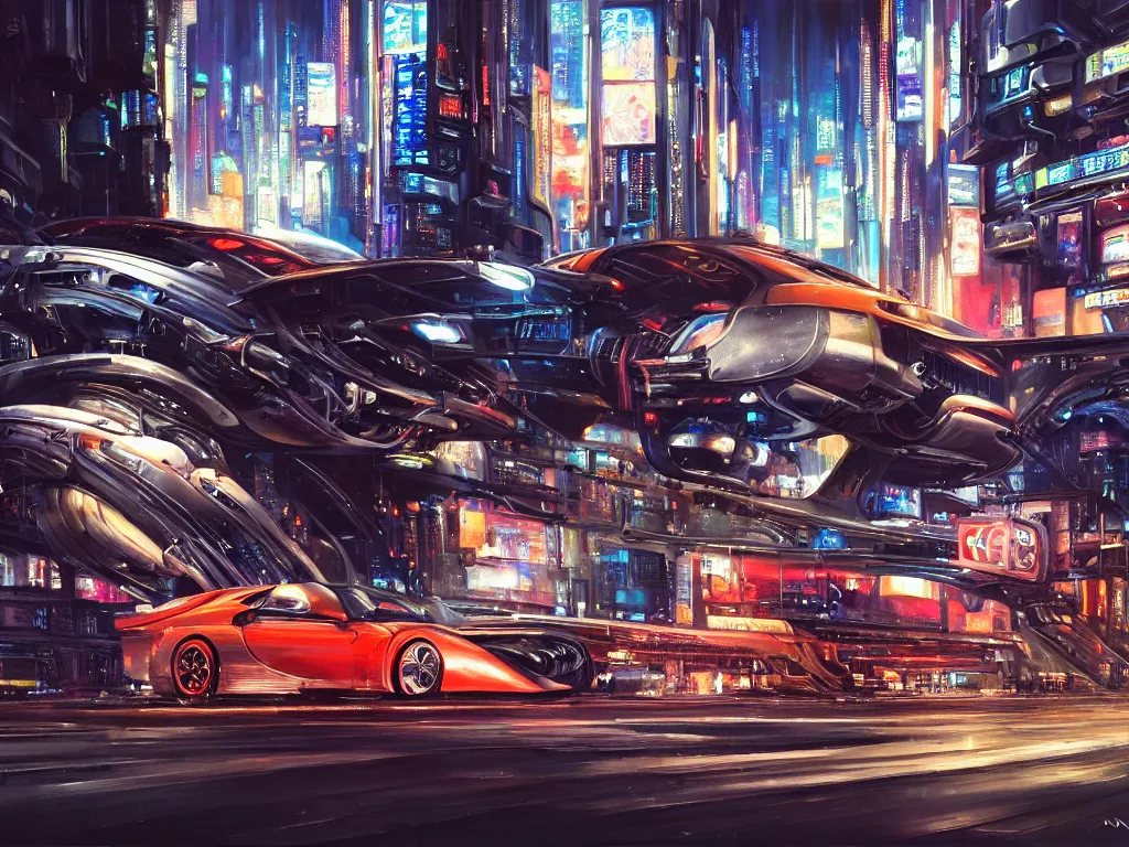 Prompt: hyperrealistic and beautiful painting of a slice of life from a futuristic city, mechanical designs, futuristic cars, night, technological, meticulous engineering, cinematic, cyberpunk style, highly detailed!, realism, digital art, acrylic on canvas, 8 k resolution, concept art, by noriyoshi ohrai, john berkey, trending on artstation