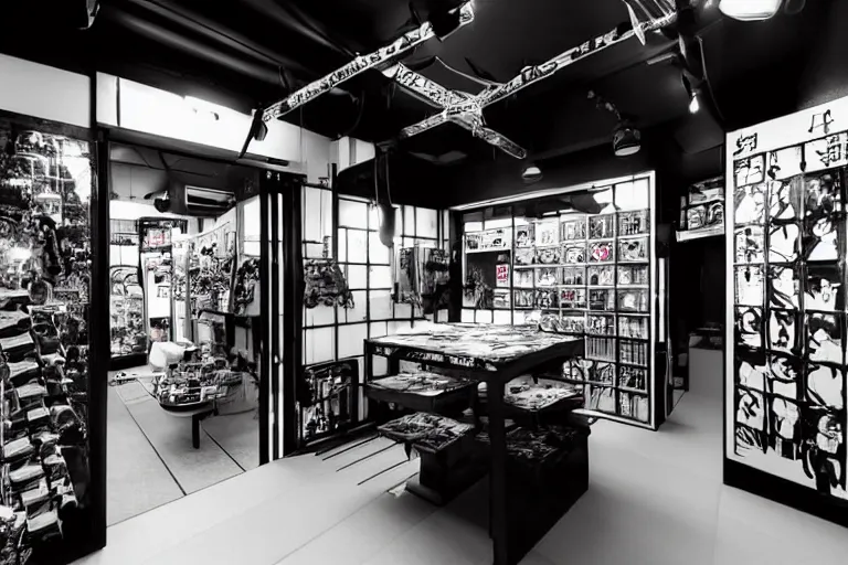 Image similar to still photo of a japanese street anime shop, black and white color aesthetic, highly detailed, photorealistic portrait, bright studio setting, studio lighting, crisp quality and light reflections, unreal engine 5 quality render