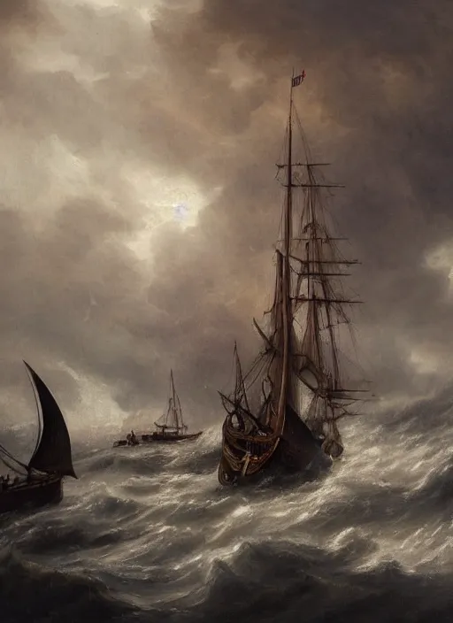 Image similar to close - up portrait of a male sailor with two peglegs and two hook hands in foreground, fat obese seaman with beard, steering the rudder wheel of a wooden galleon tallship through a rain and lightning storm. view from on deck, sails masts rigging ropes pulleys, detailed dynamic light painting by peter mohrbacher