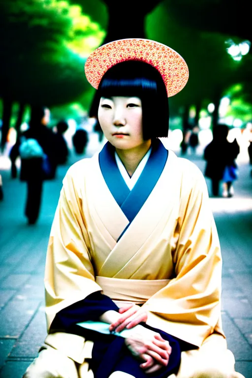 Prompt: photography street portrait of a beautiful japanese woman sitting in ueno park, shot on cinestill 5 0 d with a 3 5 mm lens aperture f / 5. 6, dynamic composition, close up, full frame, full res