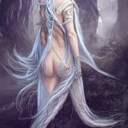 Image similar to an elven woman with long, silver hair cascading down her back. she has delicate, angular features and piercing blue eyes. she's clad in a flowing white dress with intricate silver embroidery, dynamic lighting, photorealistic fantasy concept art, trending on art station, stunning visuals, creative cinematic, ultra detailed