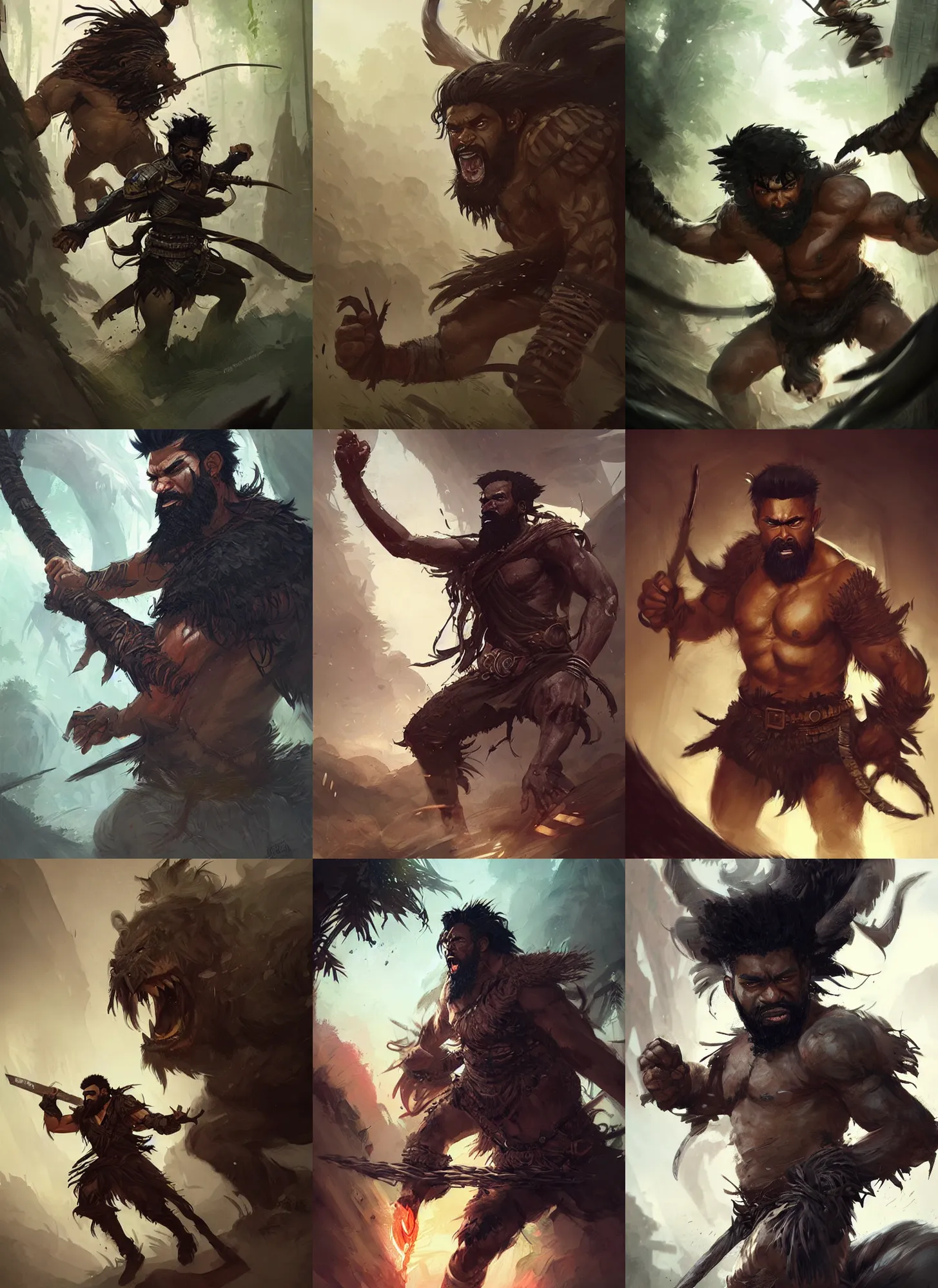 Prompt: jungle warrior, male, brown skin, black messy hair, beard, badass, angry, fight, high fantasy, dnd, illustration, by rossdraws, greg rutkowski, frank fanzzeta