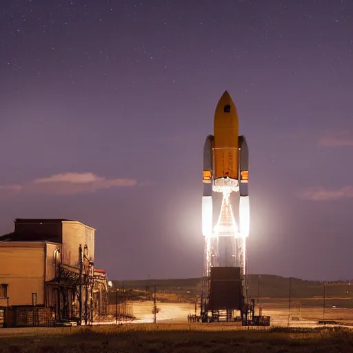 Image similar to a steam powered moon rocket from a jules vernes novel, natural lighting, at night, moon in sky, high resolution