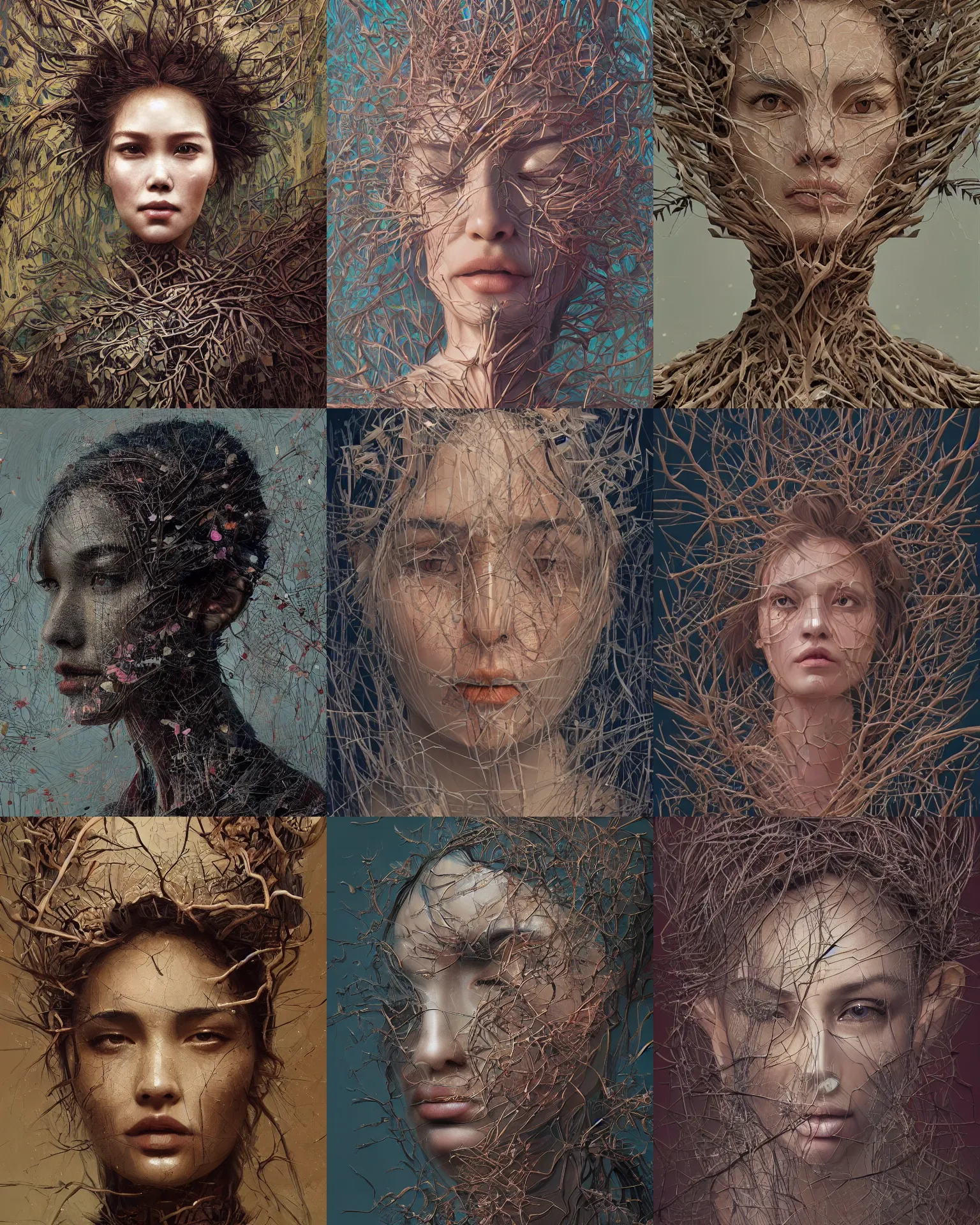 Prompt: portrait of a woman made of branches. intricate abstract. intricate artwork. by tooth wu, wlop, beeple, dan mumford. trending on artstation, greg rutkowski very coherent symmetrical artwork. cinematic, hyper realism, high detail, octane render, 8 k, iridescent accents