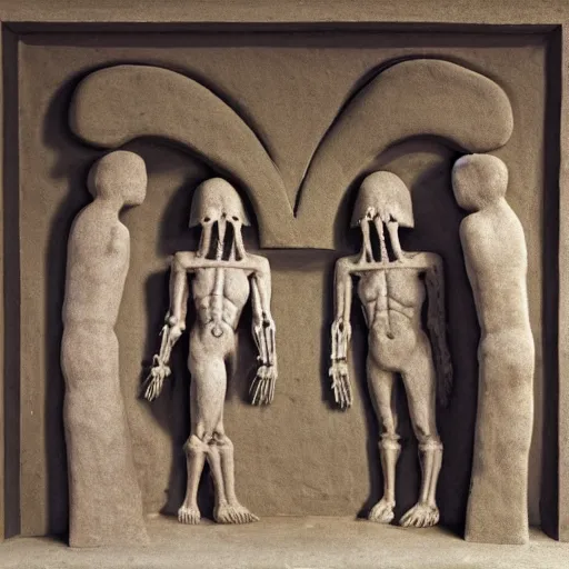 Image similar to evocative play doh, mesoamerican by piero della francesca. in the center of the sculpture is a large gateway that seems to lead into abyss of darkness. on either side of the gateway are two figures, one a demon - like creature, the other a skeletal figure.