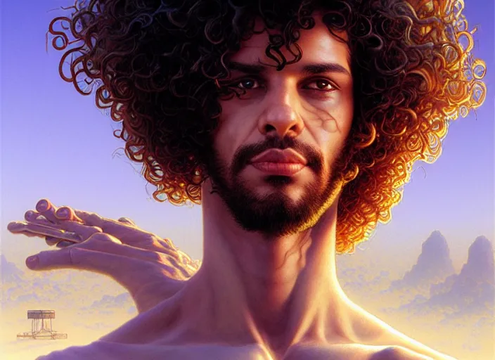 Image similar to a curly - haired persian cyborg in a sunny deserted los angeles, digital painting, artstation, concept art, sharp focus, illustration, art by artgerm, bob eggleton, michael whelan, stephen hickman, richard corben, wayne barlowe, greg rutkowski, alphonse mucha, 8 k