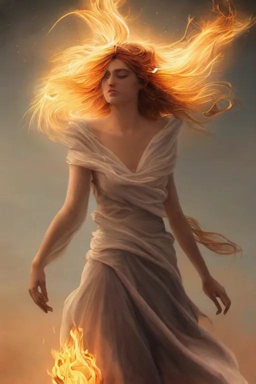 Prompt: a celestial goddess casts a fire magical spell, windy floating hair!!, moody muted tones, surrealistic, seductive beauty! cinematic volumetric lights, full portrait, dnd, fantasy, intricate, elegant, highly detailed, digital painting, artstation, concept art, smooth, sharp focus, illustration, art by artgerm and tom bagshaw and greg rutkowski and alphonse mucha