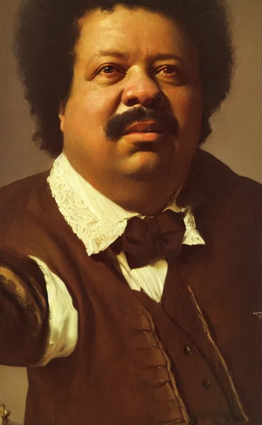 Image similar to Portrait of Alexandre Dumas, oil on canvas, highly detailed, by Kramskoy, 8k