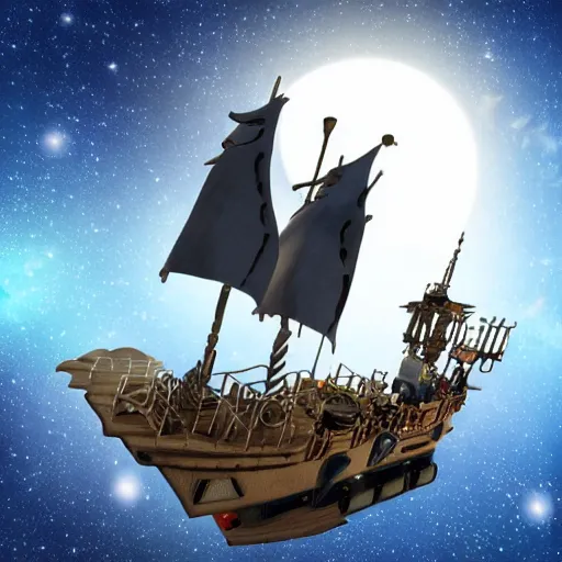 Image similar to Flying pirate ship exploring space, realistic