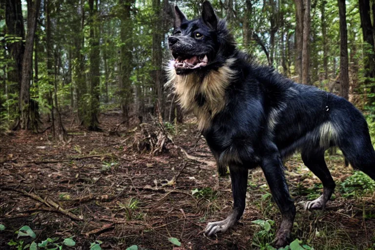 Image similar to canine werecreature, color photograph captured in the woods