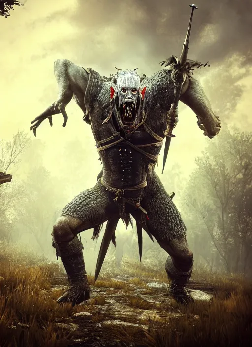 Image similar to а fantasy Proto-Slavic mythology monster inspired the witcher 3 wild hunt, full body, detailed and realistic, 4k, top-artstation, octane render