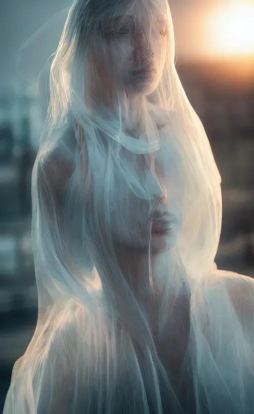 Prompt: a full shot photo of a translucent woman, invisible, streets, ghost, creepy, caucasian, feminine, nighttime, daytime, glow up, realistic, 8 k, hdr, extremely detailed