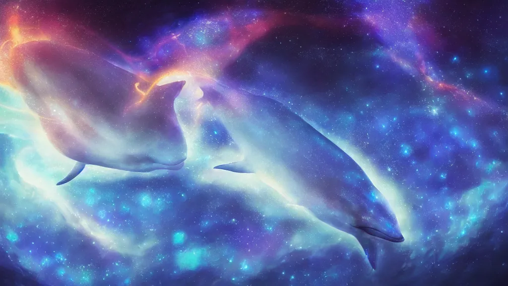 Image similar to Ethereal blue fire whale and dolphins flying through a nebula, star dust, cosmic, magical, shiny, glow,cosmos, galaxies, stars, outer space, stunning, by andreas rocha and john howe, and Martin Johnson Heade, featured on artstation, featured on behance, golden ratio, ultrawide angle, hyper detailed, photorealistic, epic composition, wide angle, f32, well composed, UE5, 8k