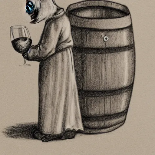 Prompt: pencil sketch of a westie dressed as a monk admiring a wine barrel