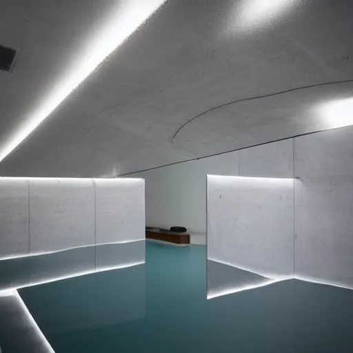 Prompt: upholstered sofas fluorescent ceiling lighting rectangular water pond in a large minimalistic concrete room, a tilt shift photo by leandro erlich, featured on cg society, kitsch movement, hall of mirrors, high dynamic range, studio portrait