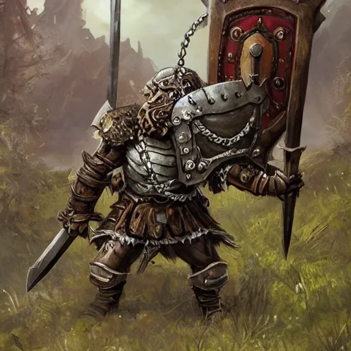 Prompt: d & d, short haired armored bugbear wielding rusty cleaver with chains and a shield, large backpack and and a greatsword wearing mossy rags and a poorly fitted helmet and chestplate