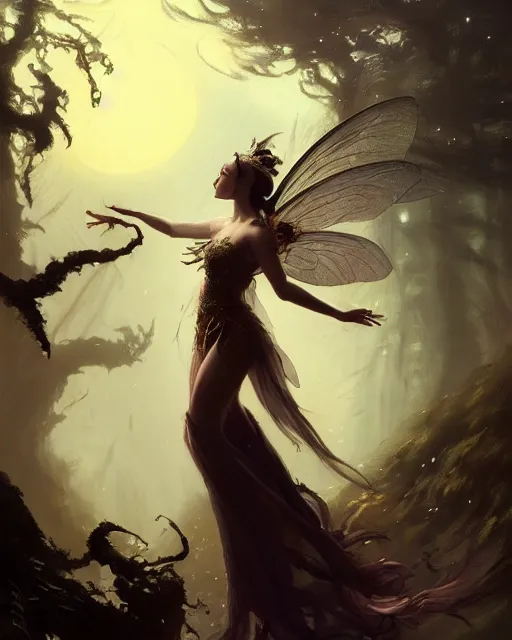 Image similar to a portrait of beautiful fairy goddness fly high in the night, d & d, fantasy, mist, full moon in background, trees, hyper detailed,, midium shot, an oil painting by ruan jia, trending on artstation, concept art, sharp focus, illustration, gaston bussiere, craig mullins, j. c. leyendecker, beautiful lighting