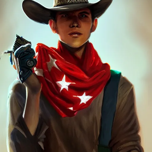 Image similar to a portrait of a teenager with a cowboy hat on with an American flag scarf, D&D, sci-fi, elegant, hopeful, muscular, highly detailed, digital painting, artstation, concept art, smooth, sharp focus, illustration