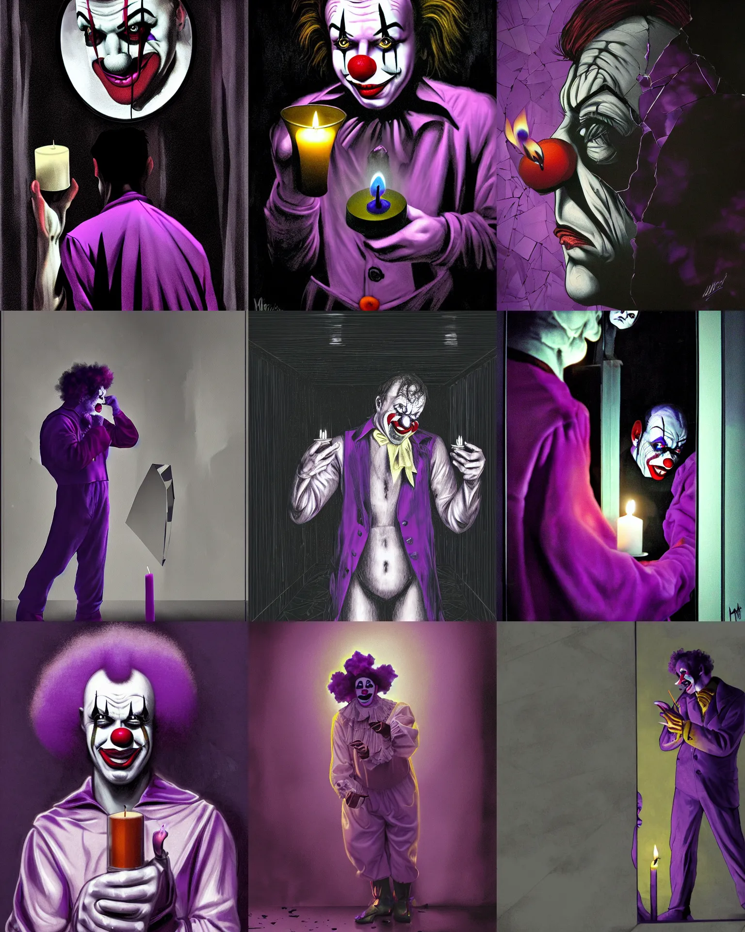 Image similar to a clown dressed in purple looking at himself in a broken shattered mirror. the clown is holding a candle. the mirror is cracked broken mirror shattered. dark moody natural lighting, by martin ansin