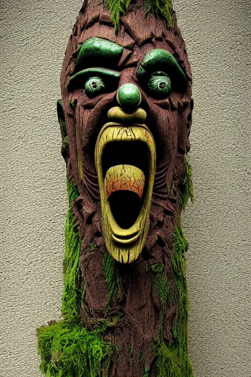 Image similar to terror clownvamp totem made in carved mossy wood, realistic and ultra detailed, texturized, indirect volummetric light, mask effect layer, sharpen and antialiased