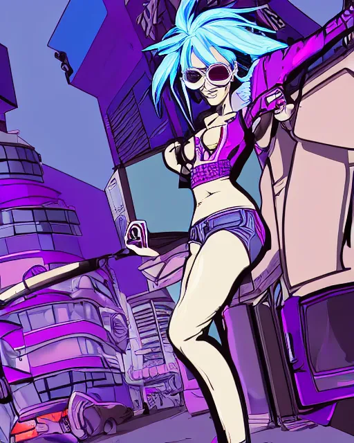 Image similar to cel shaded art of a pretty blue haired girl standing next to a purple lamborghinil, jet grind radio graphics, cyberpunk city street background