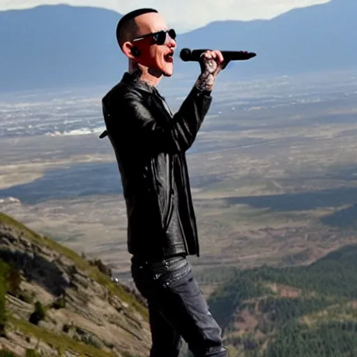 Prompt: chester bennington singing on top of a mountain