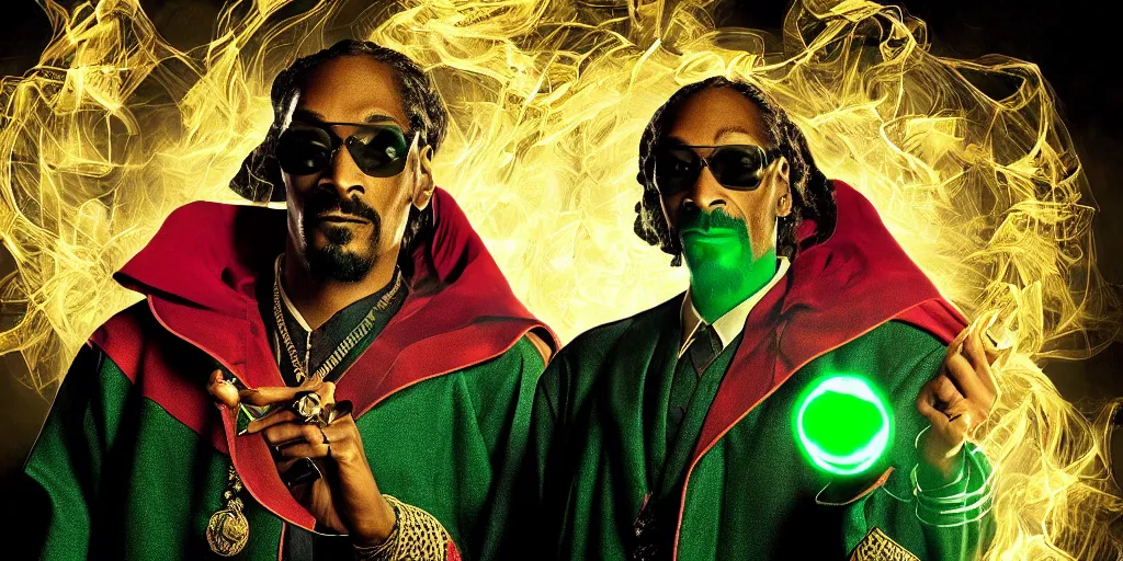 Image similar to snoop dogg doctor strange, smoke weed, marijuana, marijuana leaves, green light, highly detailed, environmental light, cinematic by francis tneh