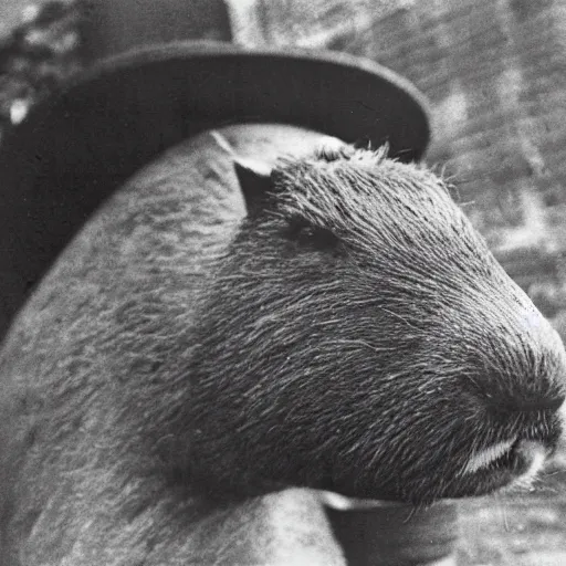 Prompt: criminal mugshot of an capybara, black and white, 1970s photo