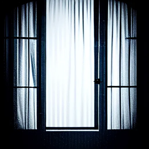 Image similar to a detailed photograph of the outside of a house with curtains in the windows, a replicant is peeking out at you through the curtains, 8 k, highly detailed, editorial