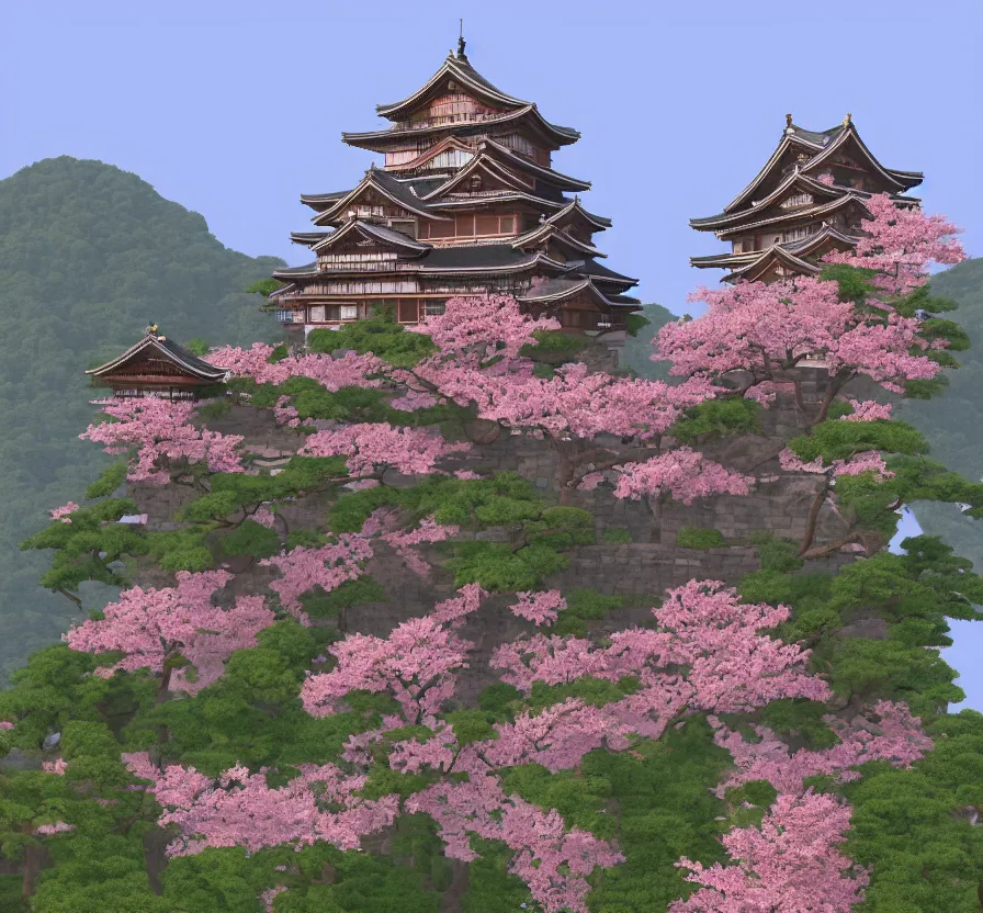 Japanese Castle Cherry Blossom Mountain Art 4K Wallpaper iPhone HD