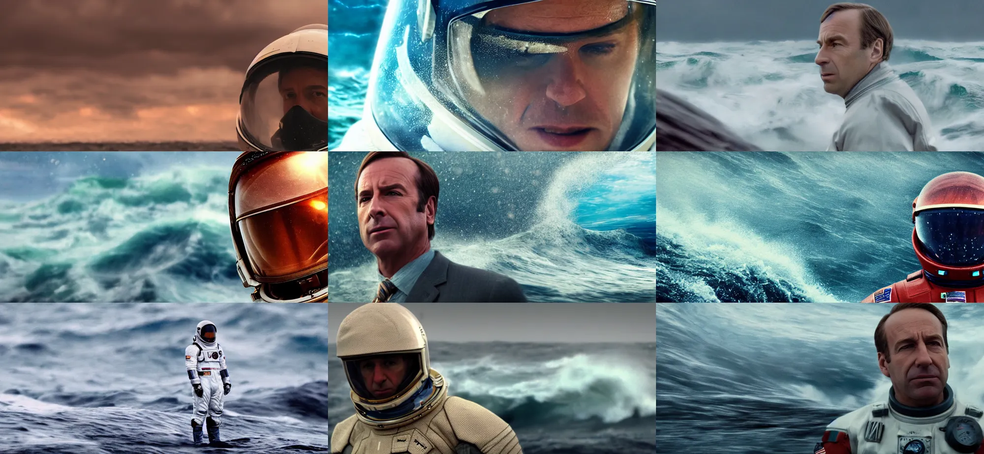 Prompt: on ocean , bokeh !!cinematic close up shot of saul goodman wearing the spacesuit in scene from the movie interstellar ,shady dull weather, panorama,natural dull colours, exteremely giant ocean wave in background