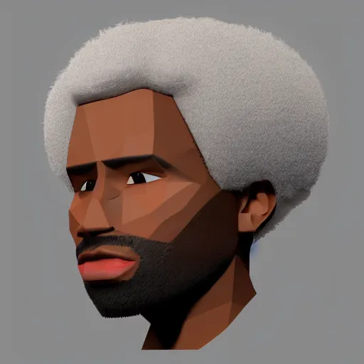Prompt: low polygon render of a black man with afro hair and raspy bear stubble, high quality, clean, sharp