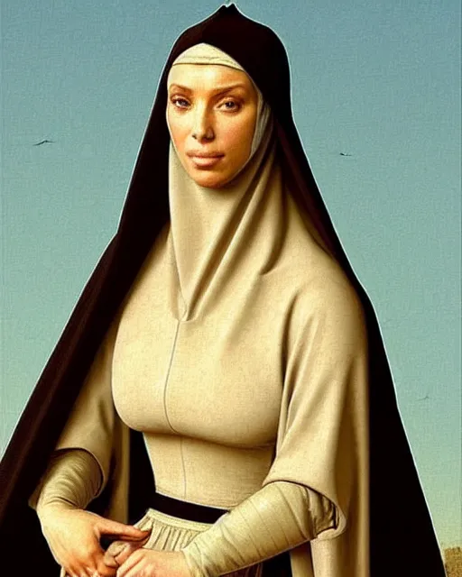 Image similar to kim kardashian as armored battle nun, delicate detailed medieval portrait in the style of eugene de blaas, perfect face