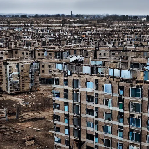 Prompt: The ghostly figure of a housing bloc on top of an abandoned construction site