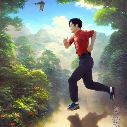 Image similar to portrait of a taiwanese man running, an oil painting by ross tran and thomas kincade, studio ghibli