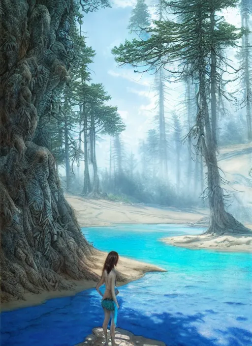 Image similar to on the sandy beach of a blue lake in a pine forest, hyperrealism, no blur, 4 k resolution, ultra detailed, style of tyler edlin, tom bagshaw, arthur rackham, ivan shishkin