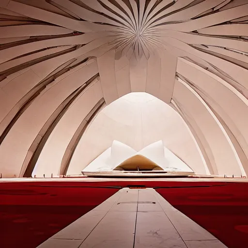 Image similar to interior of a futuristic lotus temple with gold, red and white marble panels, in the desert, by buckminster fuller and syd mead, intricate contemporary architecture, photo journalism, photography, cinematic, national geographic photoshoot