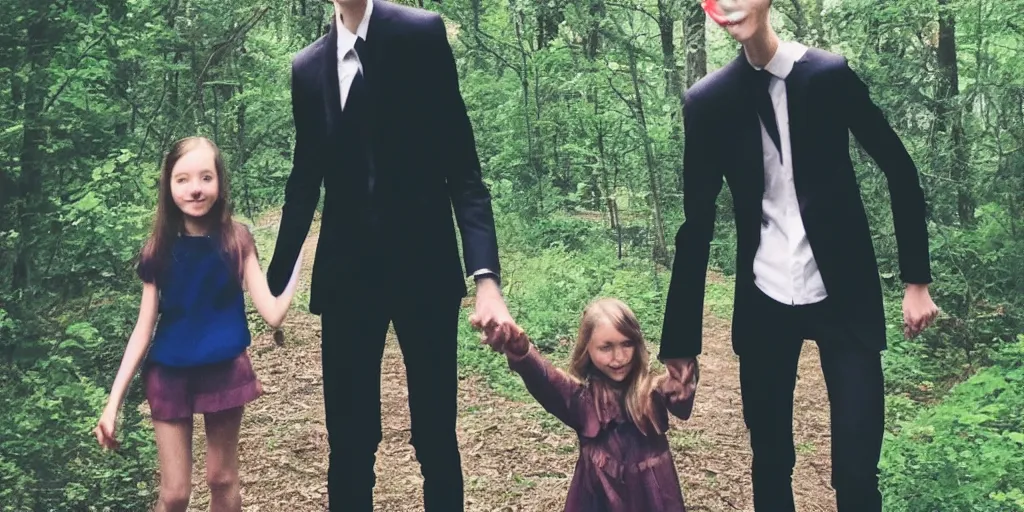 Prompt: Skinny tall cryptid slenderman holding a young girls hand, on a cellphone screen