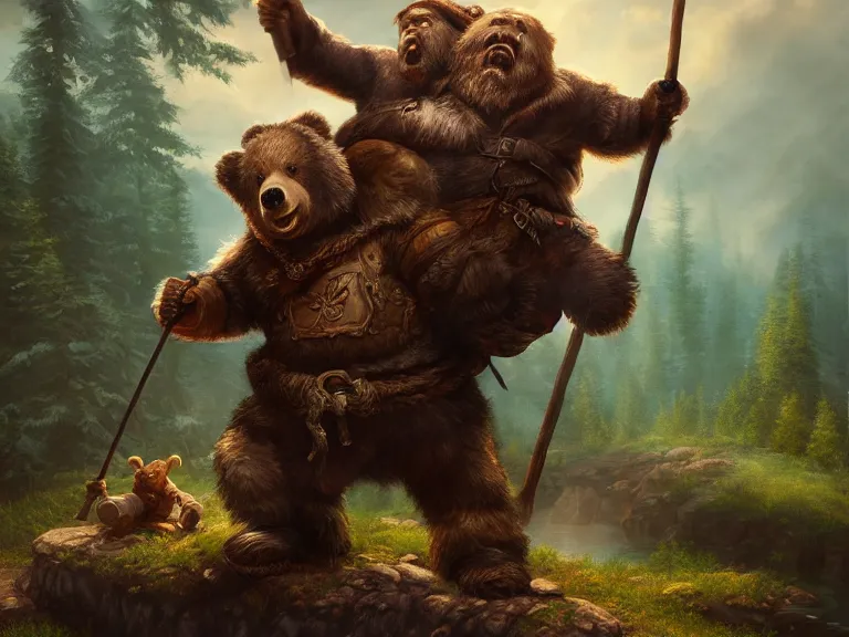 Image similar to Drunk Dwarf Woodsman riding Bear Companion into a Tavern, RPG Portrait Full Body, Oil Painting, Trending on Artstation, octane render, Insanely Detailed, 8k, HD