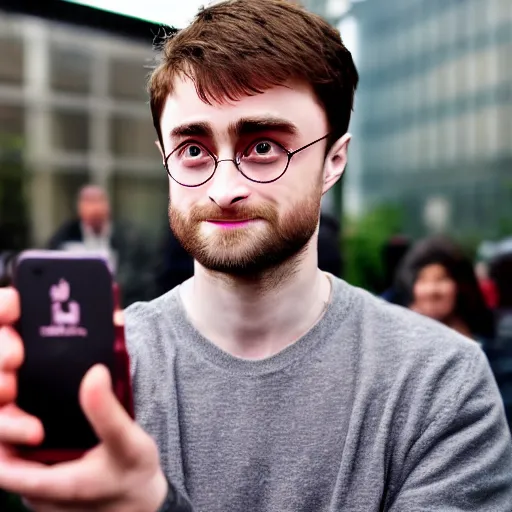 Image similar to photograph of daniel radcliffe as harry potter holding an iphone, canon mark ii, f / 1. 2, 8 k