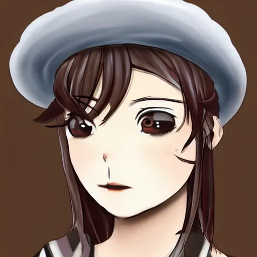 Image similar to Rindou Radical Dream art; girl with short brown hairm, wearing a beret; white shirt ; Rindou Radical Dream art