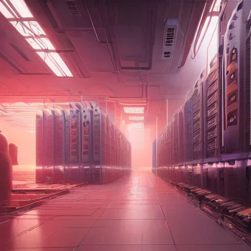 Image similar to professional painting of huge monumental conscious supercomputer with big face answers humankind questions in endless server room, trending on artstation, cyberpunk, sci - fi, futuristic, by greg rutkowski and maciej kuciara, high quality