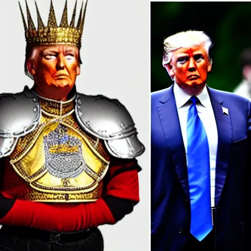 Image similar to full - body - front - shot!!!!!!!, donald trump wearing knight'armor, crown, detailed face of donald trump