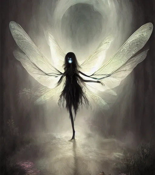 Image similar to gothic fairy with dragonfly wings, digital painting, liminal eerie midnight backlit, a picture taken by Michael Komarck and Daniel Ljunggren