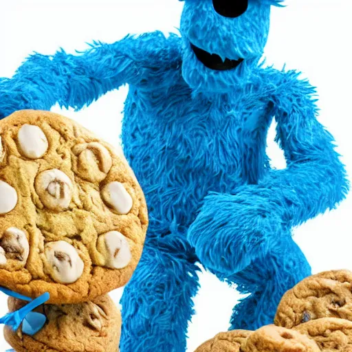 Image similar to a giant humanoid cookie picking up cookie monster and eating him