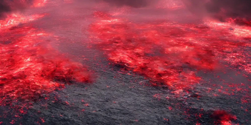 Image similar to a churning, boiling, fiery red sea with lots of smoky black and red steam, fantasy digital art, octane render, beautiful composition, trending on artstation, award-winning photograph, masterpiece