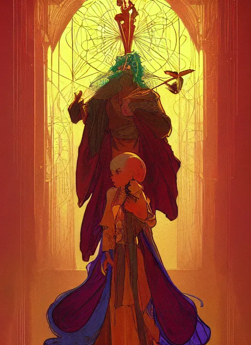 Prompt: a post - minimalism tarot card the hierophant vibrant color scheme, highly detailed, in the style of romanticism, tarot card border, cinematic, artstation, moebius, alfons mucha, greg rutkowski